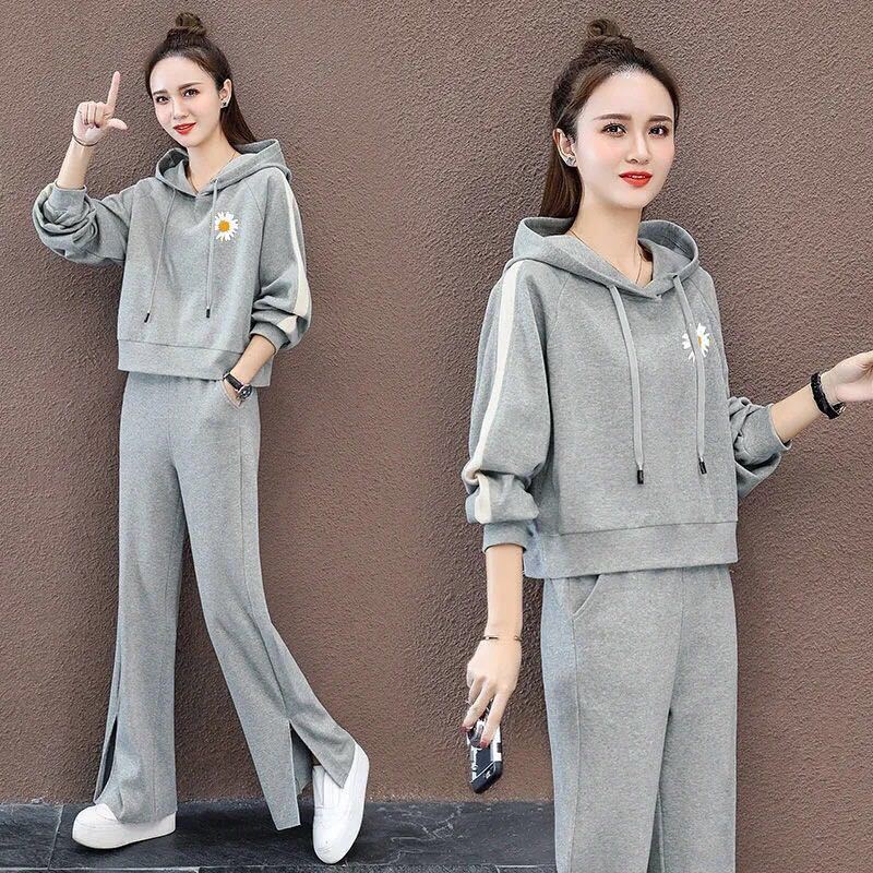 Suit Cotton-containing Leisure Sports Suit Hooded Long-sleeved Hoodie Wide Leg Pants Two-piece Women's Loose Suit Casual Wear