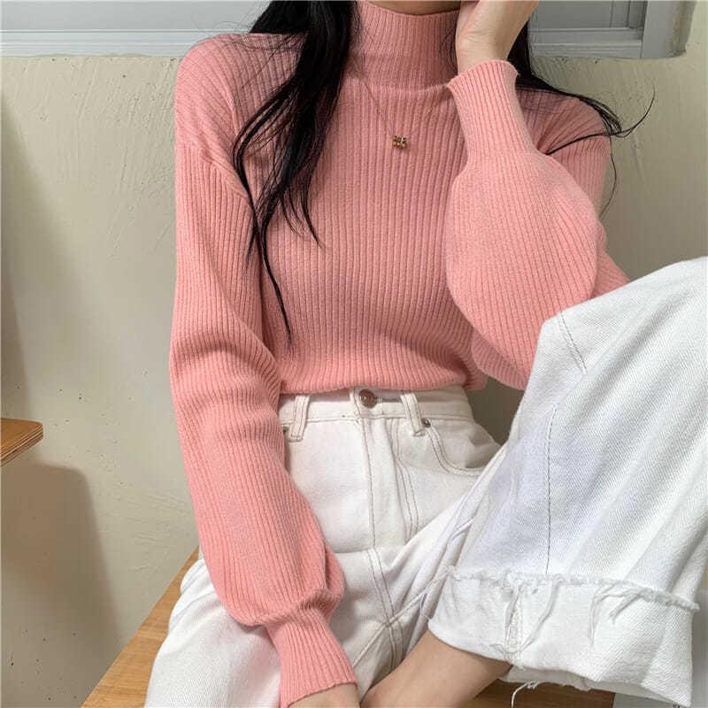 Winter Sweater Women Turtleneck Lantern Sleeve Solid Pullover Sweaters White Black Fall Fashion Knitted Tops Girl Jumpers