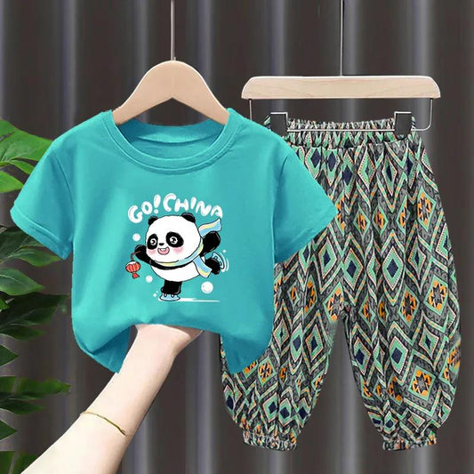 Panda Cartoon Pattern Set Children's Summer Thin Suit Casual Pants + Round Neck Short Sleeve T-Shirt Two-piece Set