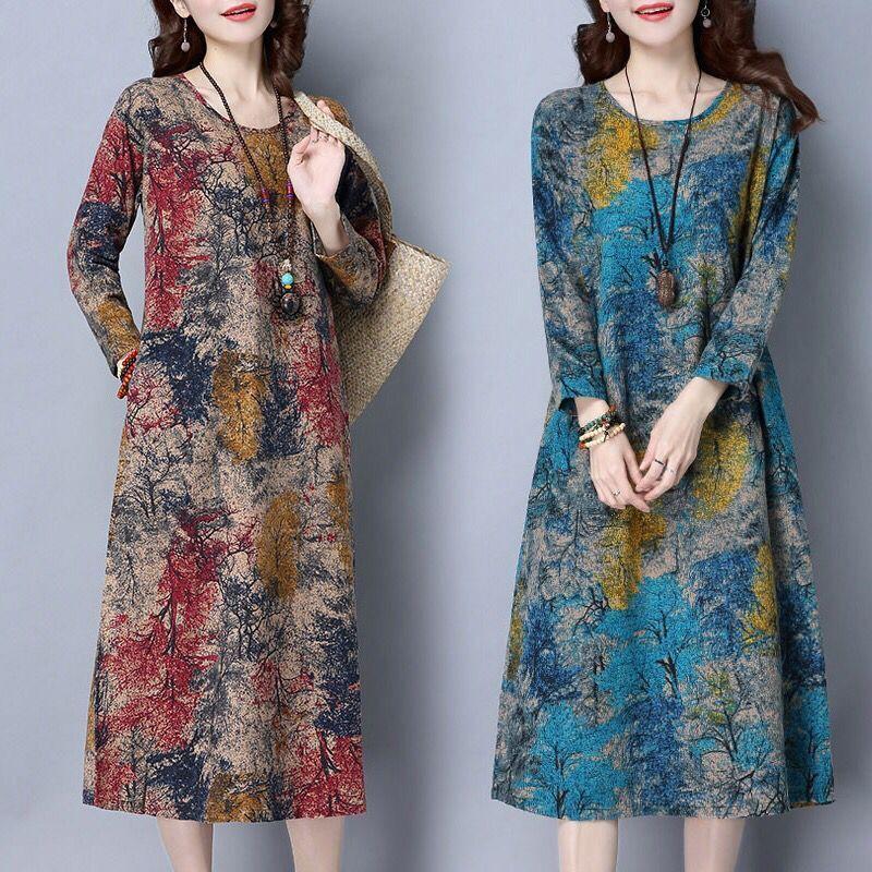 Round Neck Plus Size Loose Print Dress Short Sleeve Plus Size Women's Long Ethnic Style Long Sleeve Dress Loose Casualb