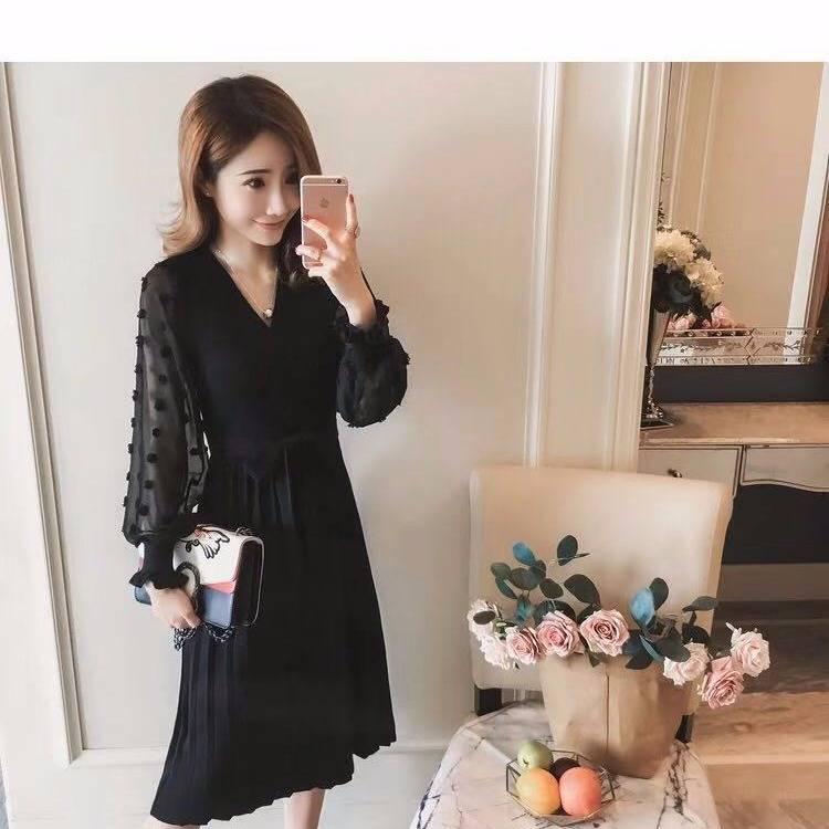 Pofulove 4 Colors Knitted Elegant Sweater Dress Long V-neck Flower Chiffon Cuffs Pullover Skirt