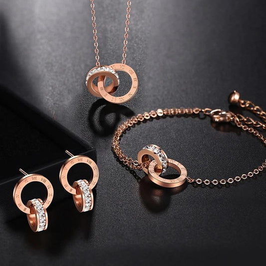 Double Ring Crystal Necklace Bracelet Earring Set Hypoallergenic Jewelry Valentine's Day Gift for Girlfriend Luxury Jewelry Set with Diamonds