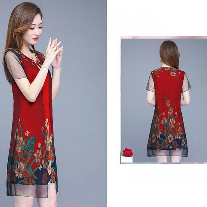 XL-XXXXXL Middle-aged Women Summer Printed Plus Size Skirt Mother's Dress Mid-length Imitation Silk Chiffon Yarn
