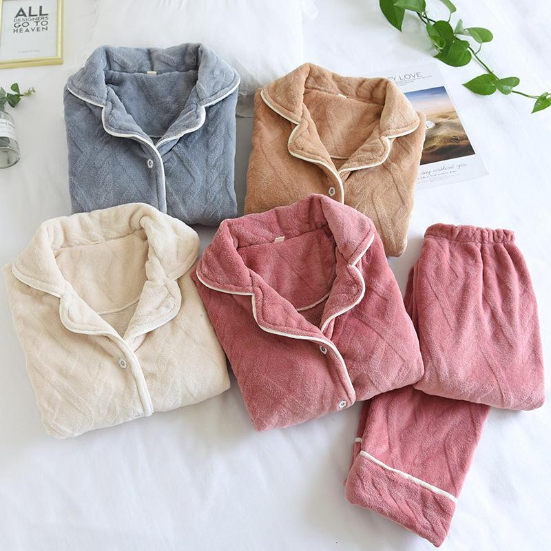 Winter Sleepwear Set Women Coral Fleece Pajamas Suits Flannel Thick Velvet Warm Homewear with Pockets Tops and Pants Long Sleeve Turn-down Collar