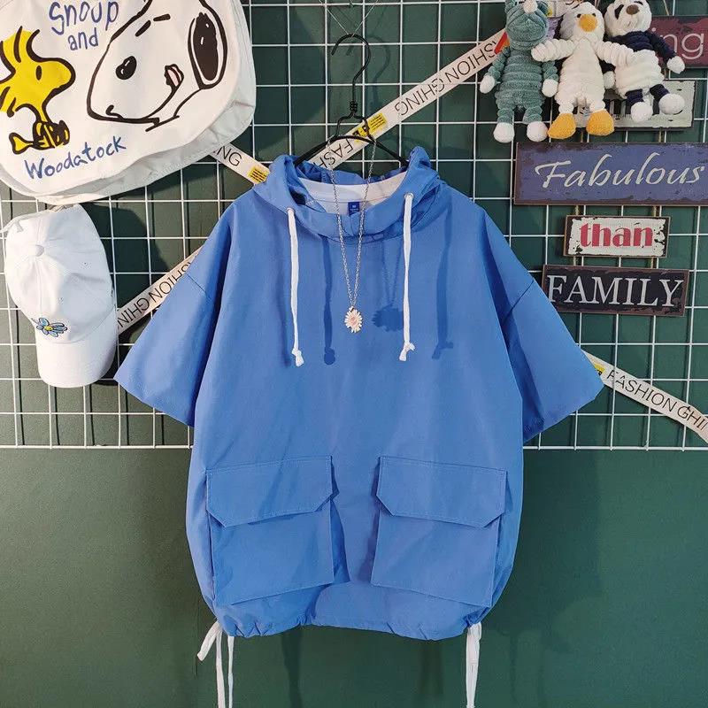 Summer Thin Hooded Students All-match Short-sleeved T-shirt Men's Trendy Design Sense Tooling Five-point Half-sleeved