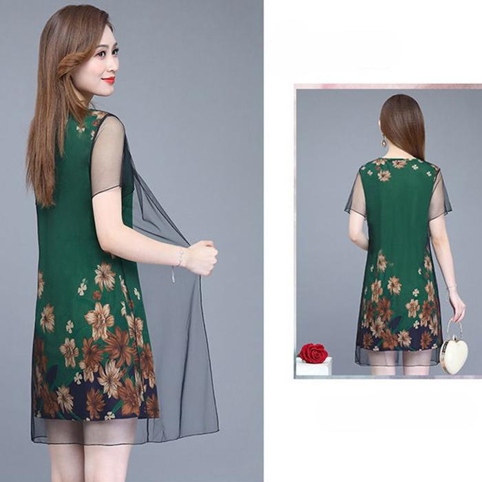 XL-XXXXXL Middle-aged Women Summer Printed Plus Size Skirt Mother's Dress Mid-length Imitation Silk Chiffon Yarn
