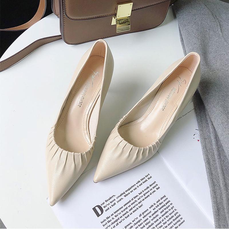 High Heels Women European Stiletto Mid-heel Pointed Toe Fashion High Heels Working Leather Shoes Women