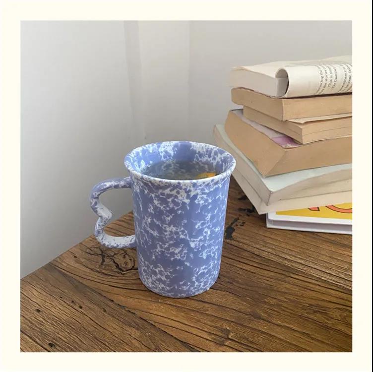 French Ins Retro Niche Yellow Powder Blue Splash Ink Mug Japanese and Korean Girls Ceramic Water Cup Coffee Cup Handle Cup