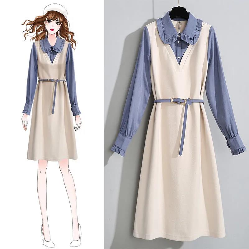 Two-piece Dress Women Early Autumn 2021 Long-sleeved Dress with Wood Ears Mid-length Waist-slimming Fake