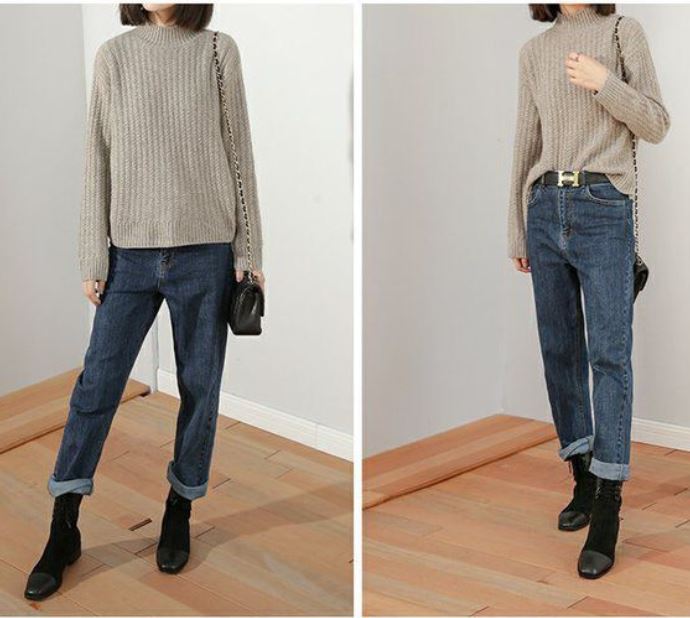 Women's Sweater Half Turtleneck Plus Fleece Thick Knit Sweater Loose Large Size Long Sleeve Sweater