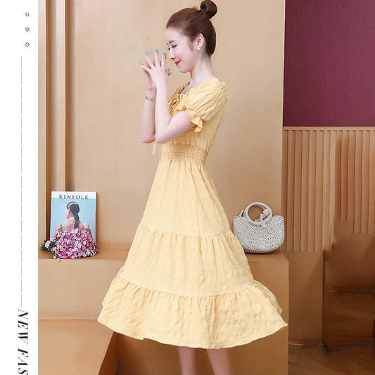 Summer One-shoulder Mid-length Dress Female French Waist Temperament Thin Fairy Skirt Gentle and Cute Retro Style Dress