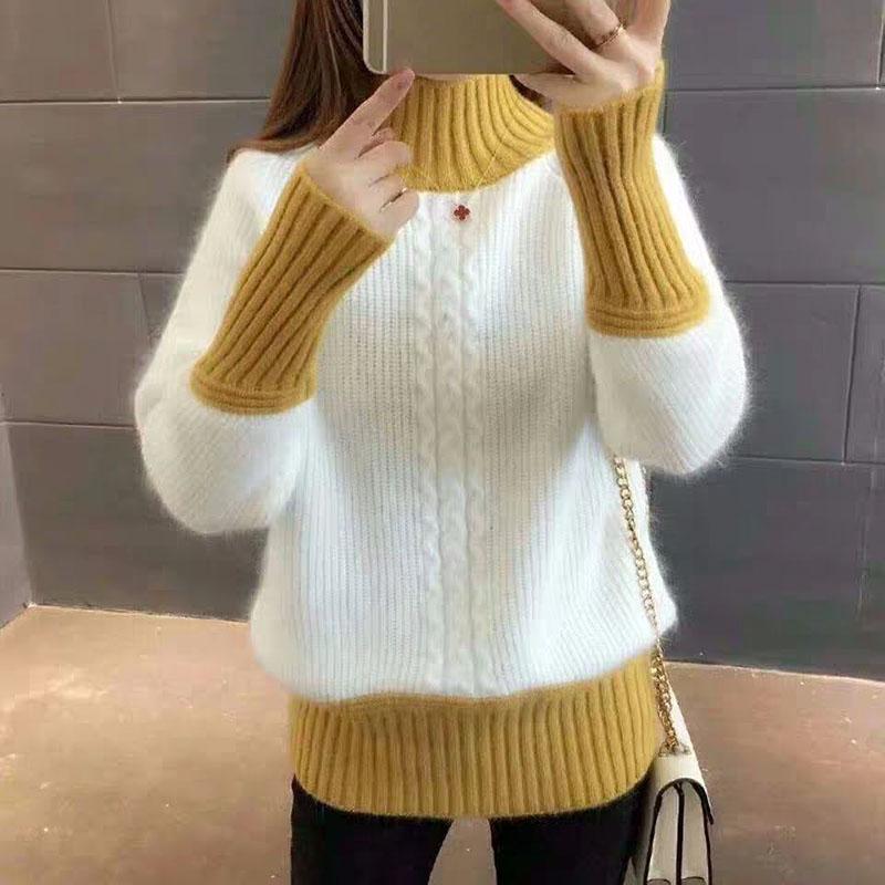 Autumn and Winter Cropped Sweater Pullover Loose Color Matching Jacket Half High Neck Knitted Female Top