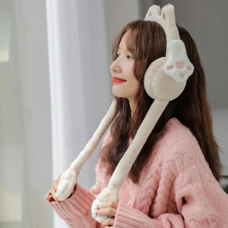 Removable Earmuffs for Womens Winter Cute Cat Claw Warm Ear Muffs Cartoon Cat Ears Plush Earflap Windproof Ear Protection Earlap Cover Antifreeze