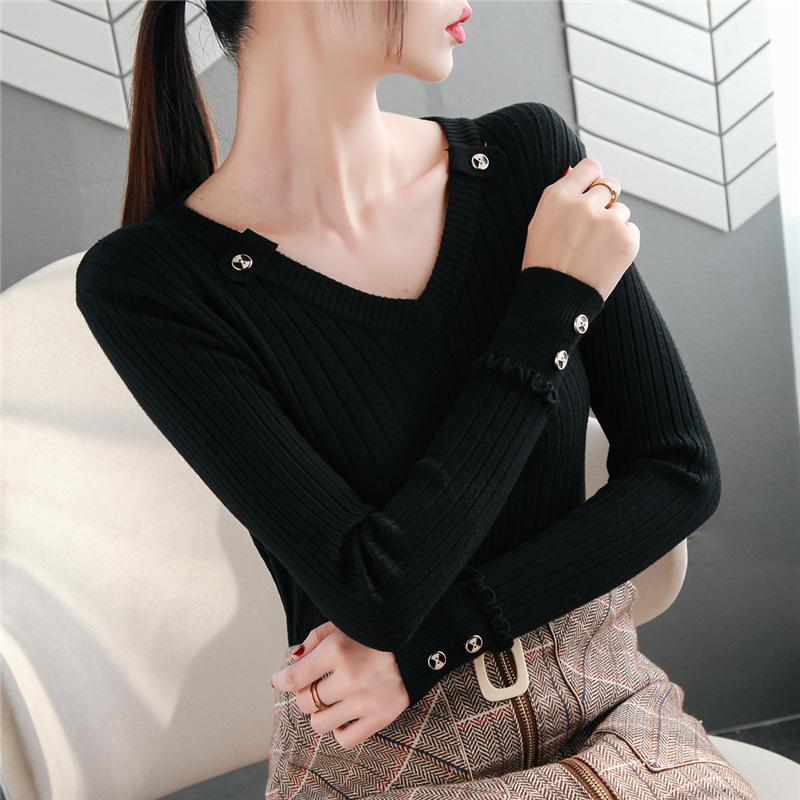 Thin V-neck Sweater Women's Autumn and Winter Long-sleeved Buttons and Wooden Ears Knitted Bottoming Shirt with Temperament Blouse Women