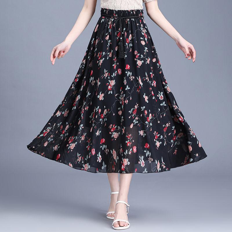 Women's Summer Pleated Floral Skirt Chiffon Fairy Dress High Waist  Mid-length A-line Draping  Beach Vacation Daily