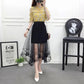 Women High Waist Scalloped Lace Trim Midi Long Skirt Lined Solid Color Irregular Hem Pleated Double Layer Sheer Mesh Skirt