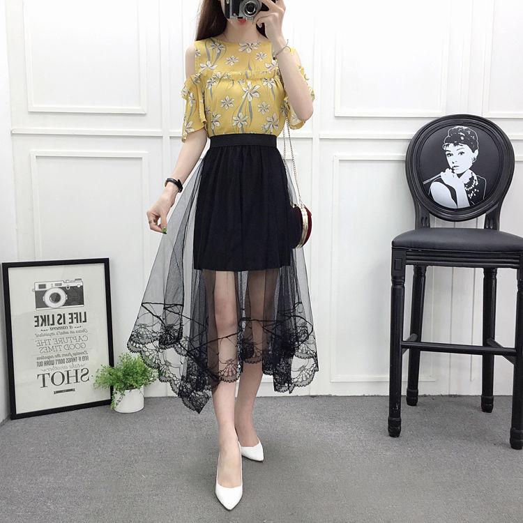 Women High Waist Scalloped Lace Trim Midi Long Skirt Lined Solid Color Irregular Hem Pleated Double Layer Sheer Mesh Skirt