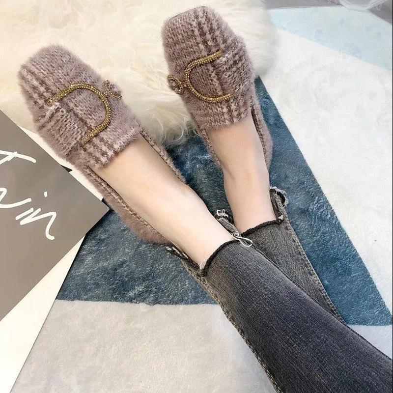 Plus Velvet Moccasin Shoes Women's Autumn and Winter Wear Flat Single Shoes All-match Temperament Women's Shoes Plus Velvet Beanie Shoes