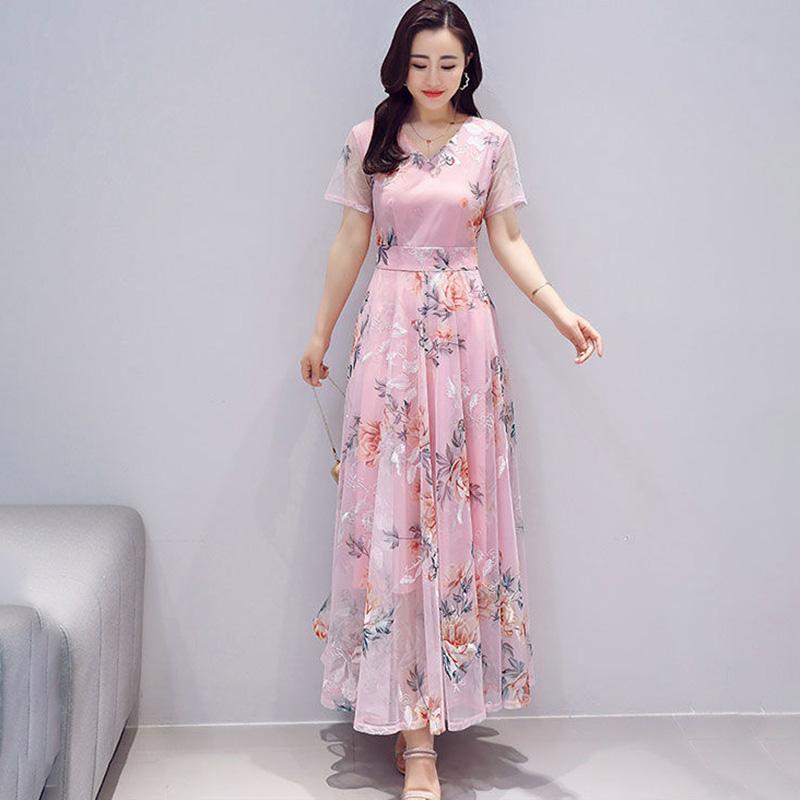 Embroidered Net Yarn Printed Chiffon Dress Summer Long Waist Short-sleeved Beach Skirt Long Skirt Temperament Elegant Long Skirt Women