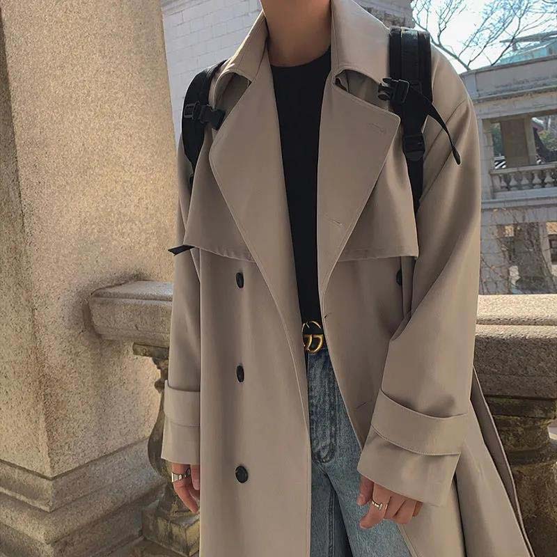 New Autumn and Winter Over-the-knee Windbreaker Men's Mid-length Double-breasted Loose Coat Trendy Casual Jacket