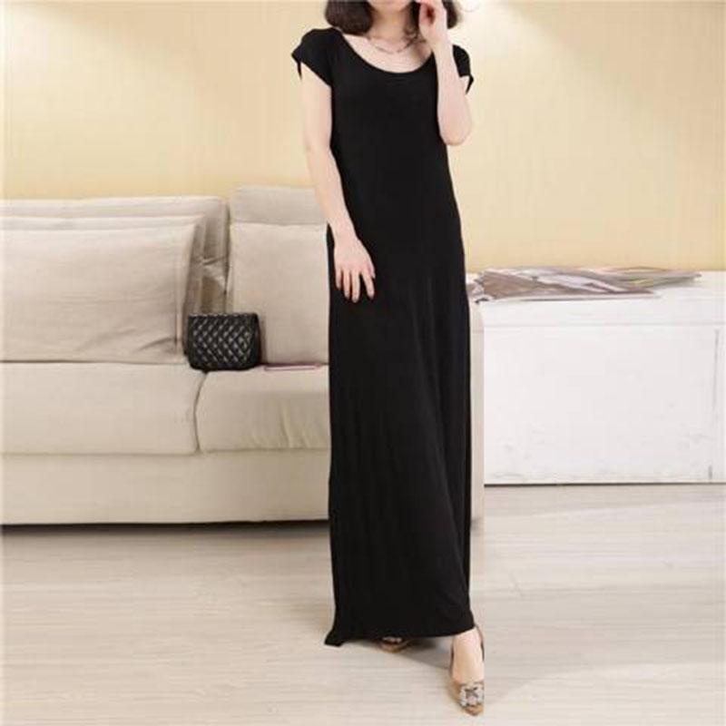Fashion Long Maxi Dress Cotton Short Sleeve Crew Neck Elastic Backless Summer Dress Party Dress