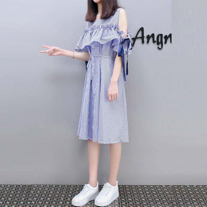Pofulove Women Off Shoulder Striped Shirt Dress Office Lady Loose Thin Mid-length A-line Beach Skirt