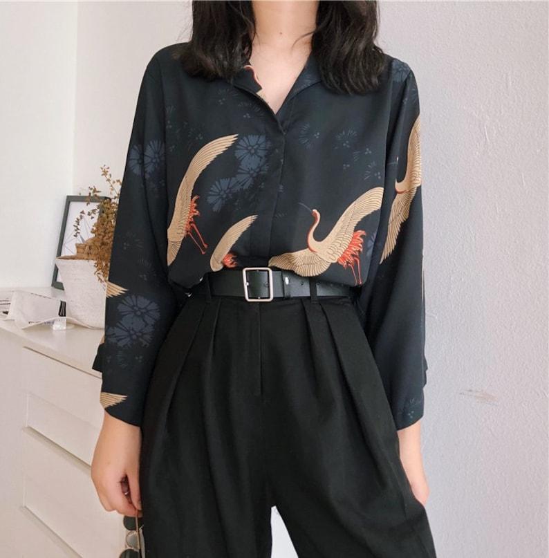 Vintage Kimono Style Japanese Cranes Classical Art Front and Back Printed Flare Sleeves Shirt Blouse Soft Wrinkle Free Cute Tunic For Her