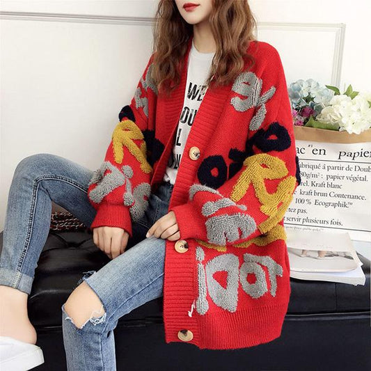 Autumn and Winter Color Matching Printed Jacket Button Knitted Cardigan Loose Long-sleeved Sweater Women