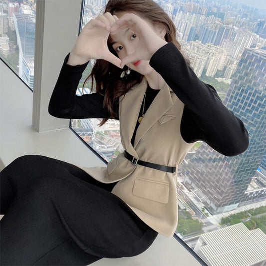 Spring and Autumn New Style Temperament Vest Vest Jacket Female Thin Temperament Mid-length Dress Two-piece Lady Elegant Style