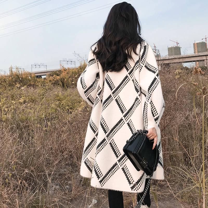 Women's Coat Stripe Placket Decorated Long Plaid Wool Coat Women Winter Jacket Overcoat