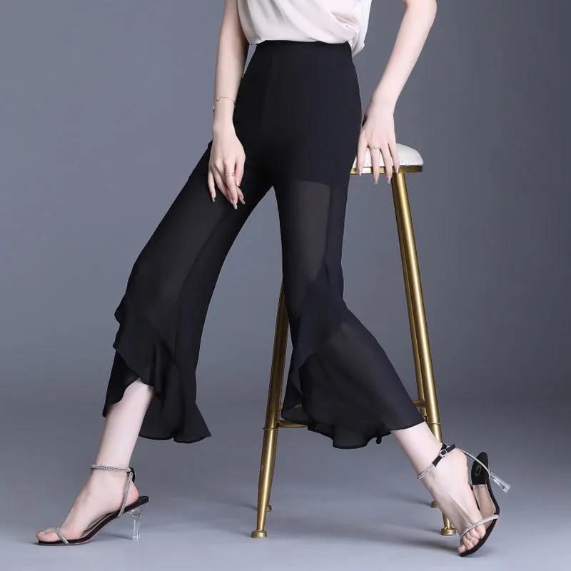 WTEMPO Chiffon Summer Women Casual Ladies Flare Long Pants  Bell Bottoms Large Size M-XXXL Cropped Trousers