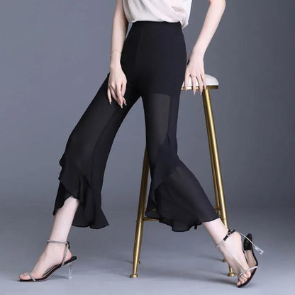 WTEMPO Chiffon Summer Women Casual Ladies Flare Long Pants  Bell Bottoms Large Size M-XXXL Cropped Trousers