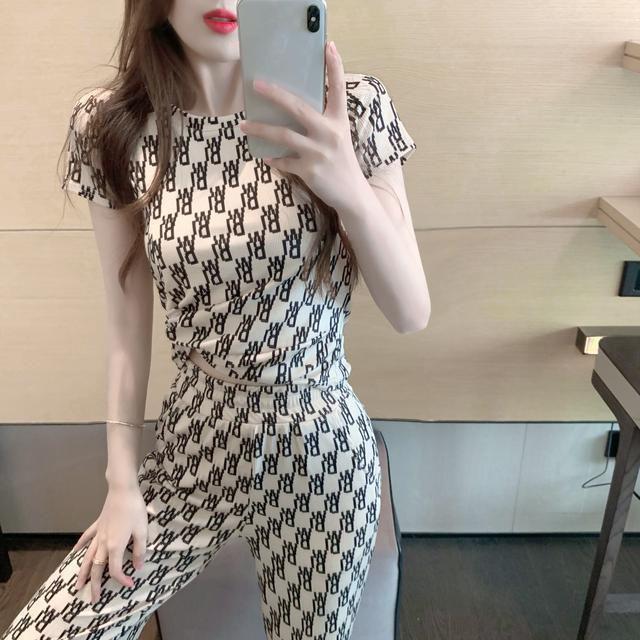 Women Spring Summer Vintage Letter Print Short Sleeve T-shirt High Waist Straight Tube Loose Wide Leg Split Pants Two Piece Set