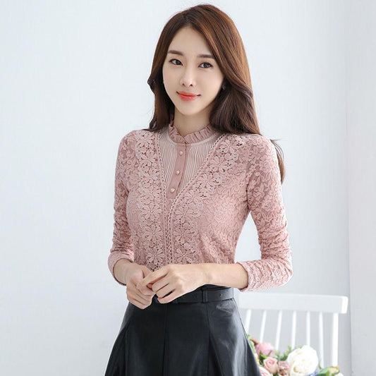 Fashion Trend Ladies Lace Sweater Autumn and Winter Slim Sexy Plus Velvet Thick Warm Blouse