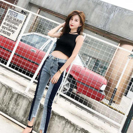 Summer Fat Girl Pants Female Loose Large Size Stitching Jeans High Waist Slimming Pants