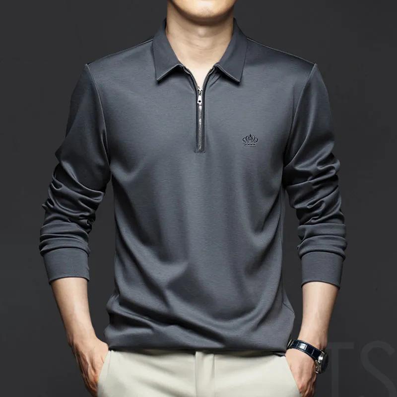 Spring Men's Cotton Zipper Polo Shirt Lapel Long Sleeve T-Shirt Men's Long Sleeves Solid Color Business Casual Top High Quality Shitt