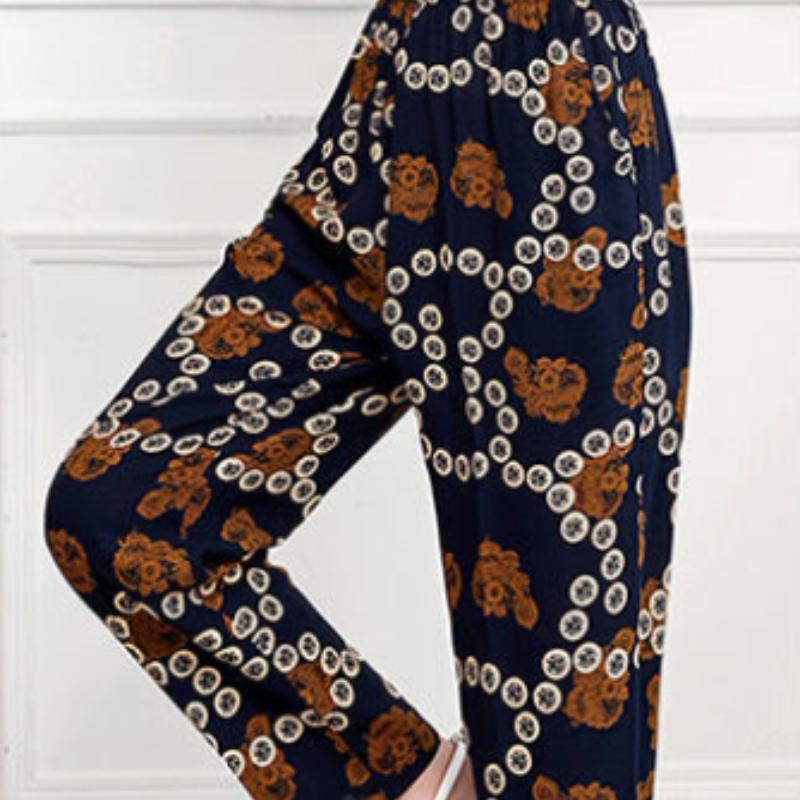 Cotton Linen Women's Trousers Flower Pants Plus Size Elastic Waist Straight-leg Pants Printed Fashion Casual Pants Summer
