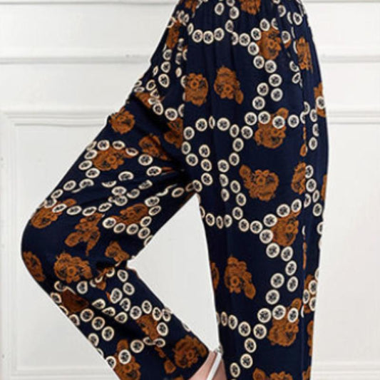 Cotton Linen Women's Trousers Flower Pants Plus Size Elastic Waist Straight-leg Pants Printed Fashion Casual Pants Summer