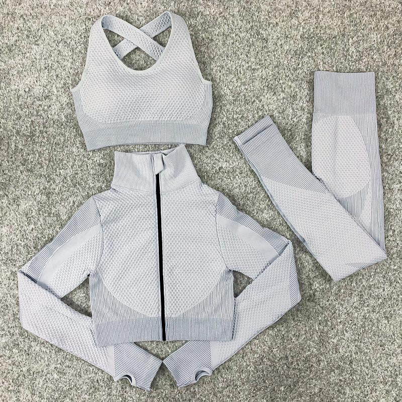 3PCS Seamless Knitted Yoga Suit Set Four Seasons Universal Hip Lift Fitness Sports Suit Gym Running Trousers Vest Long-sleeved Jacket Three-piece Set