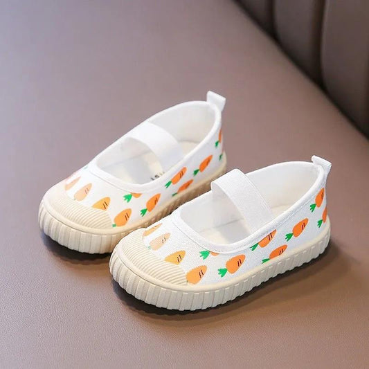 Children's Breathable Canvas Shoes Girl's Casual Canvas Single Shoes Anti-slip Soft Sole Baby Cartoon Fruit Print Canvas Shoes