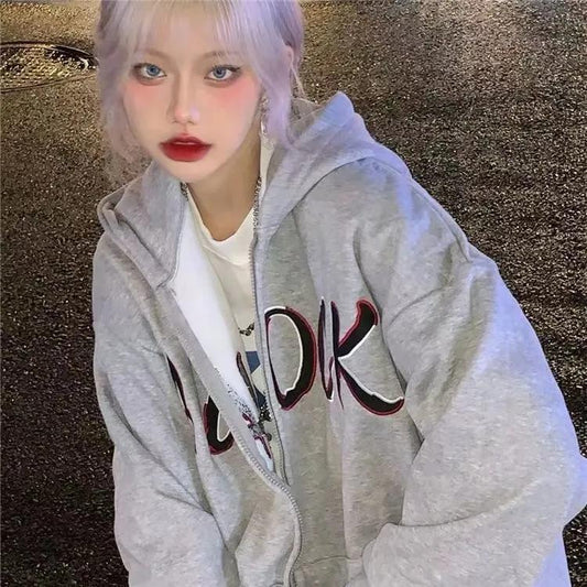 Women's Hooded Cardigan Thin Coat Sweater Autumn Student Korean Personality Loose Letter Printing Top Ins Ladies Clothes Zipper Jacket