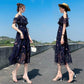 Pofulove XS-2XL Women O-neck Off Shoulder Print Chiffon Dress Slim Short-sleeved Long A-line Dress