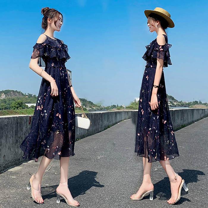 Pofulove XS-2XL Women O-neck Off Shoulder Print Chiffon Dress Slim Short-sleeved Long A-line Dress