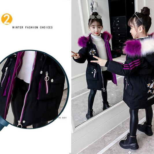 Winter Girl's Cotton Padded Jacket Thickened Medium Length Parka Jacket Children's  Printed Hooded Jacket with Removable Fur Coll