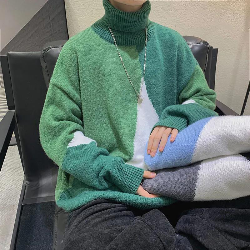 Turtleneck Sweater Men's Autumn and Winter Trend Color Matching Thick Knit Sweater Korean Version of All-match Loose Sweater