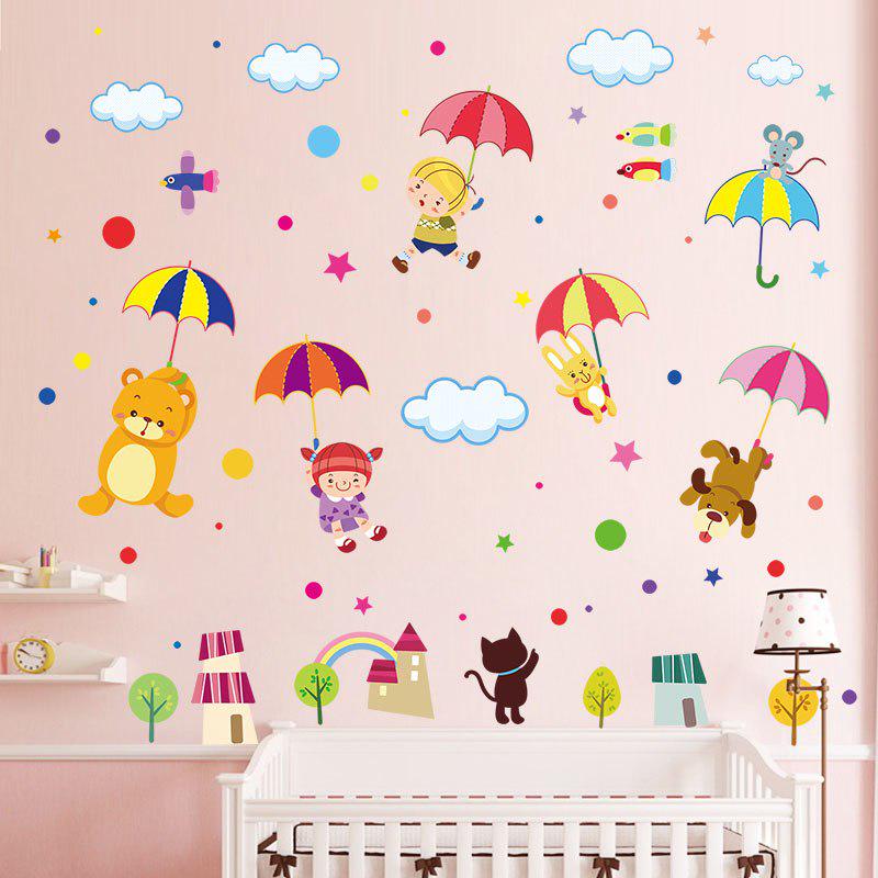 [Wall sticker ]Diy Cartoon Animal With Umbrella Wall Decals Star Tree Forest Wall Stickers For Kids