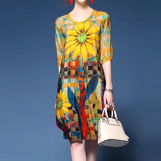 Women Summer Short Sleeve V-neck Vintage Casual Dress Elegant Loose Floral Printed Pleated Mid-length Dress