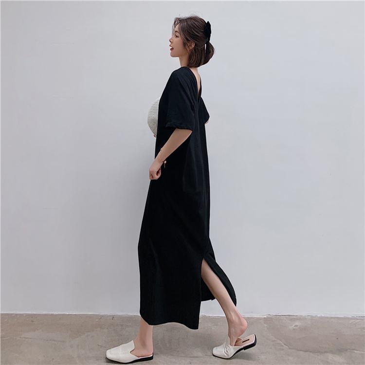 Large Size Slit T-shirt Dress Female Summer V-neck Loose Long Over-the-knee Open Back Long Dress