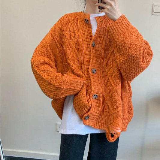 Knitted Jacket Women Autumn Winter Ripped Sweater Women Korean Loose Twist Cardigan Casual Long-sleeved Top