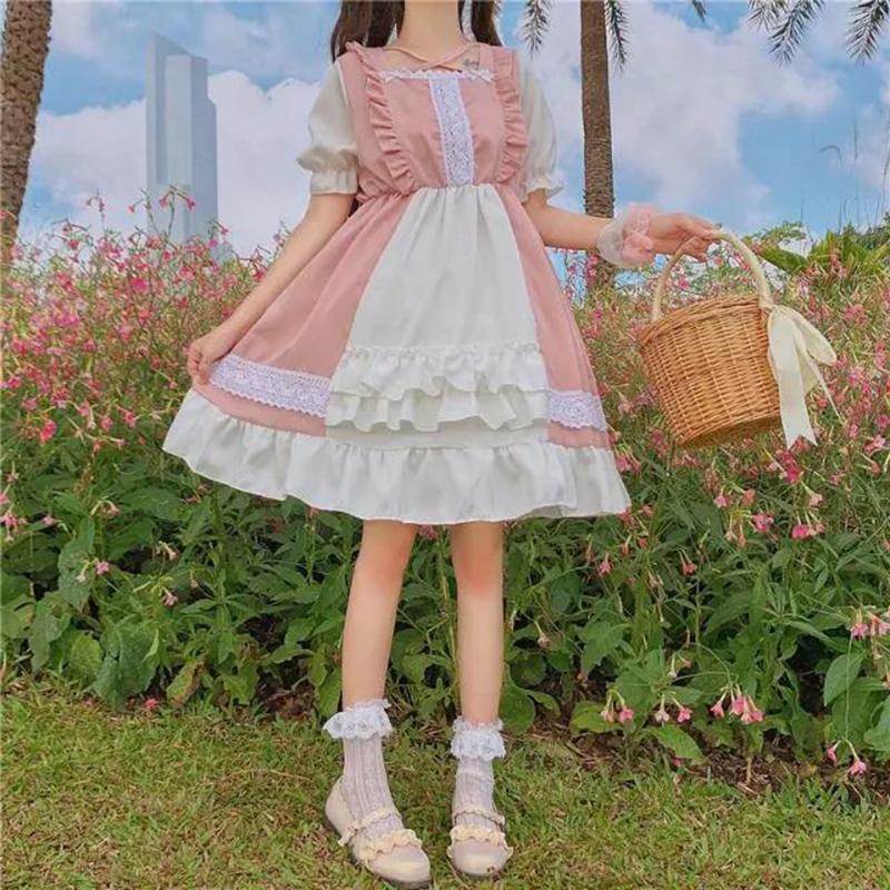 Girl Cosplay Dress Lolita Style Puff Sleeve Bandage Sweet Sailor Collar Lace Dress Kawaii Ruffles Dress